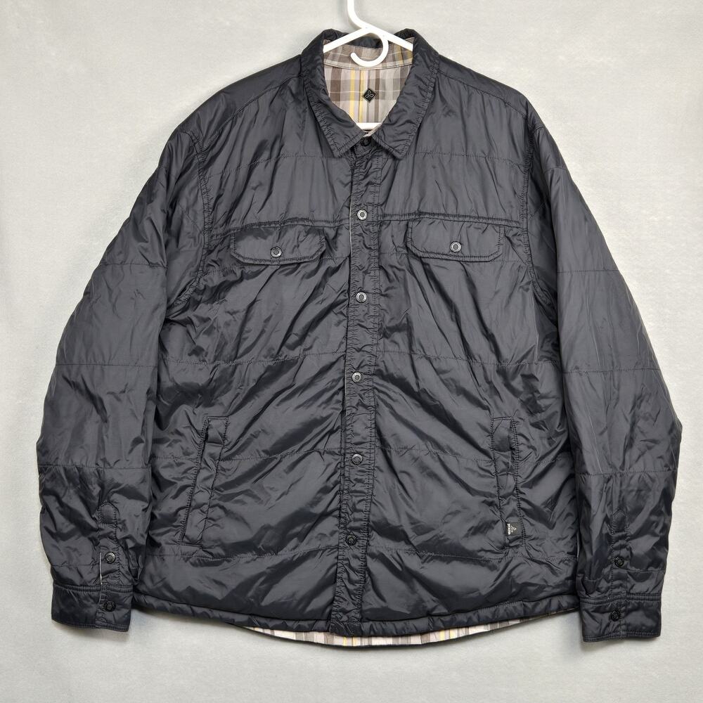 Prana Jacket Reversible Plaid/Black Snap Button Outdoor Hiking Pocket Mens XL